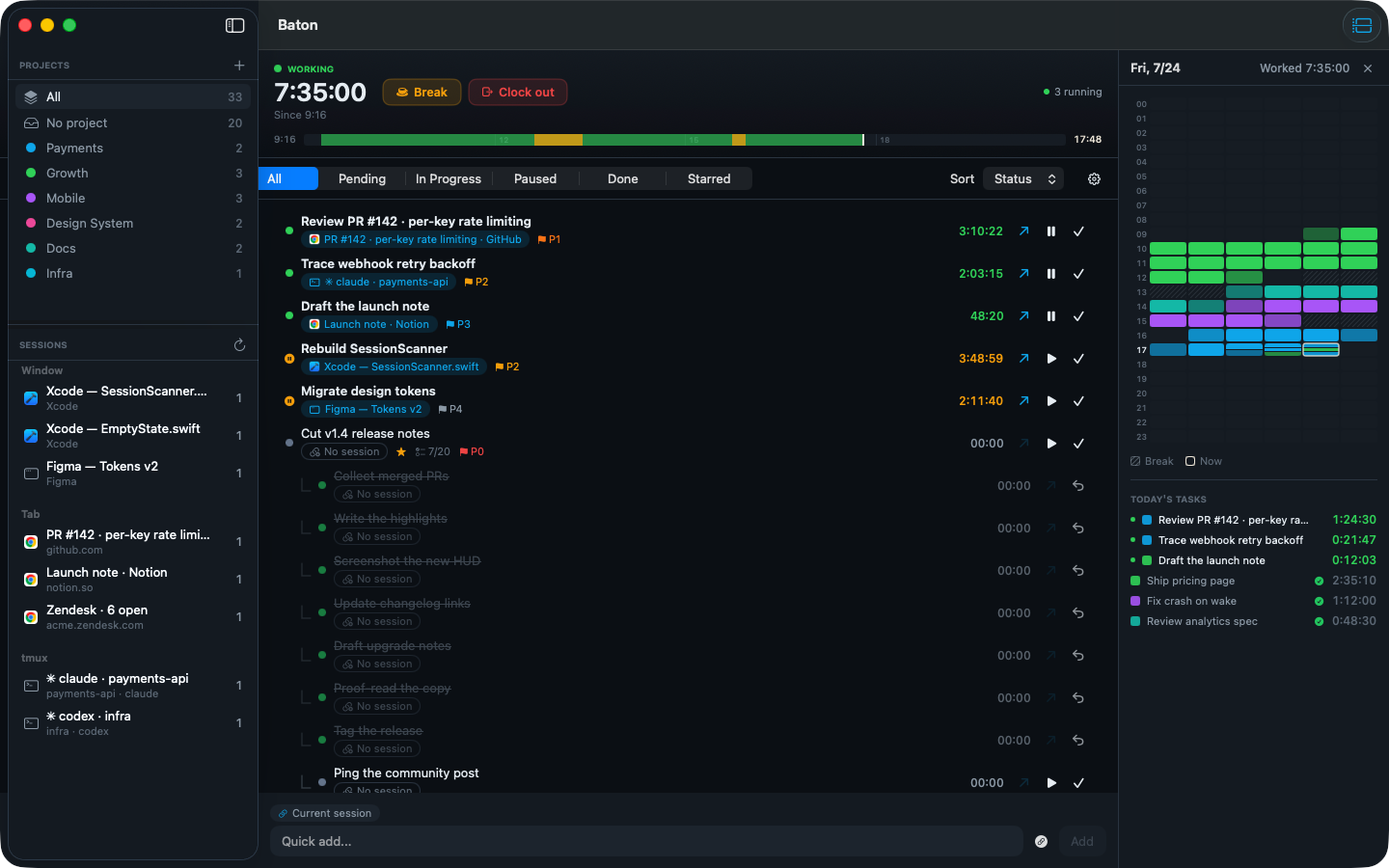 The Baton board with project and session sidebars, status filters, task rows with session chips, and a timetable on the right