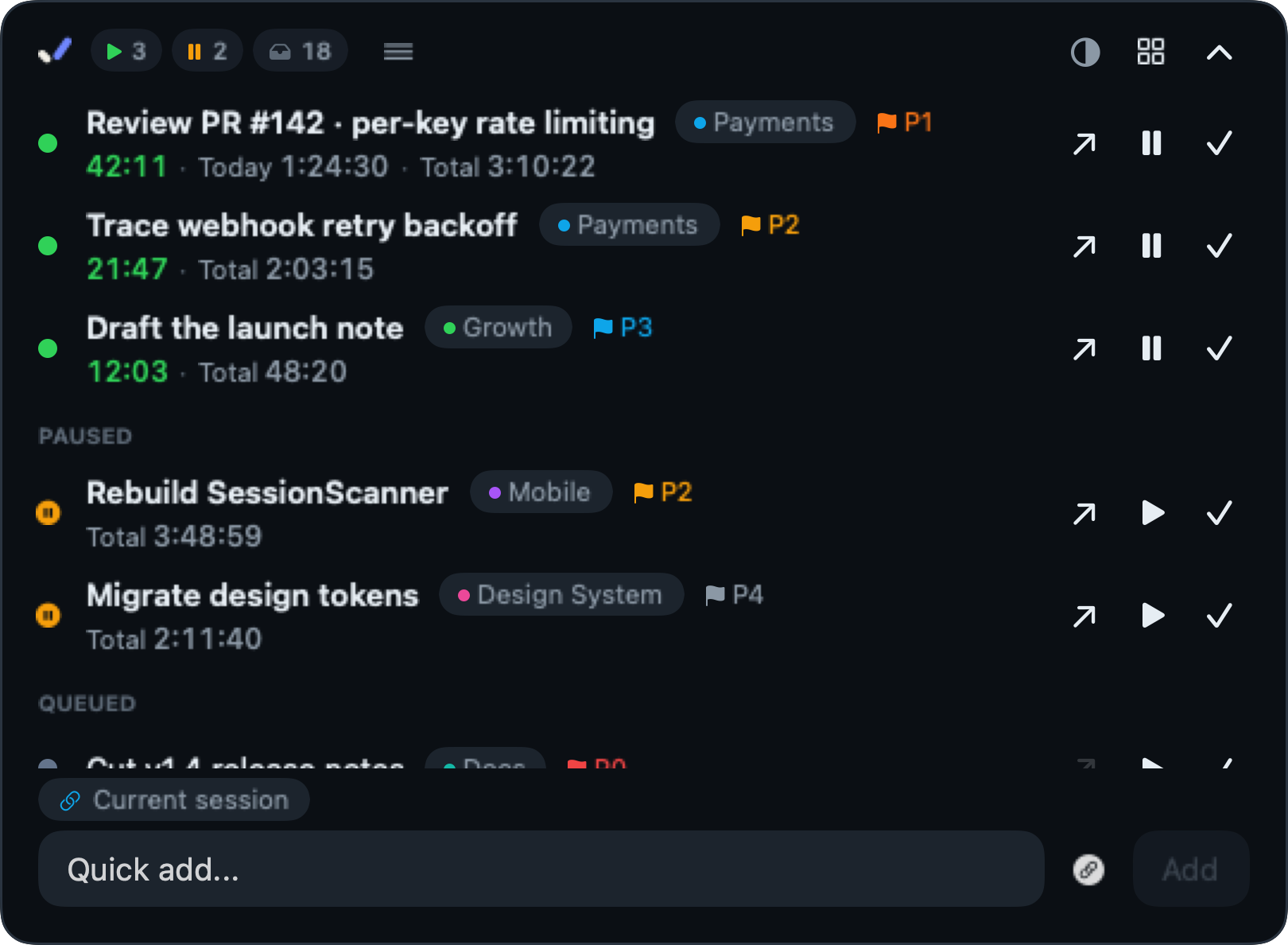 The Baton HUD with running and queued tasks and session, today, and total timers