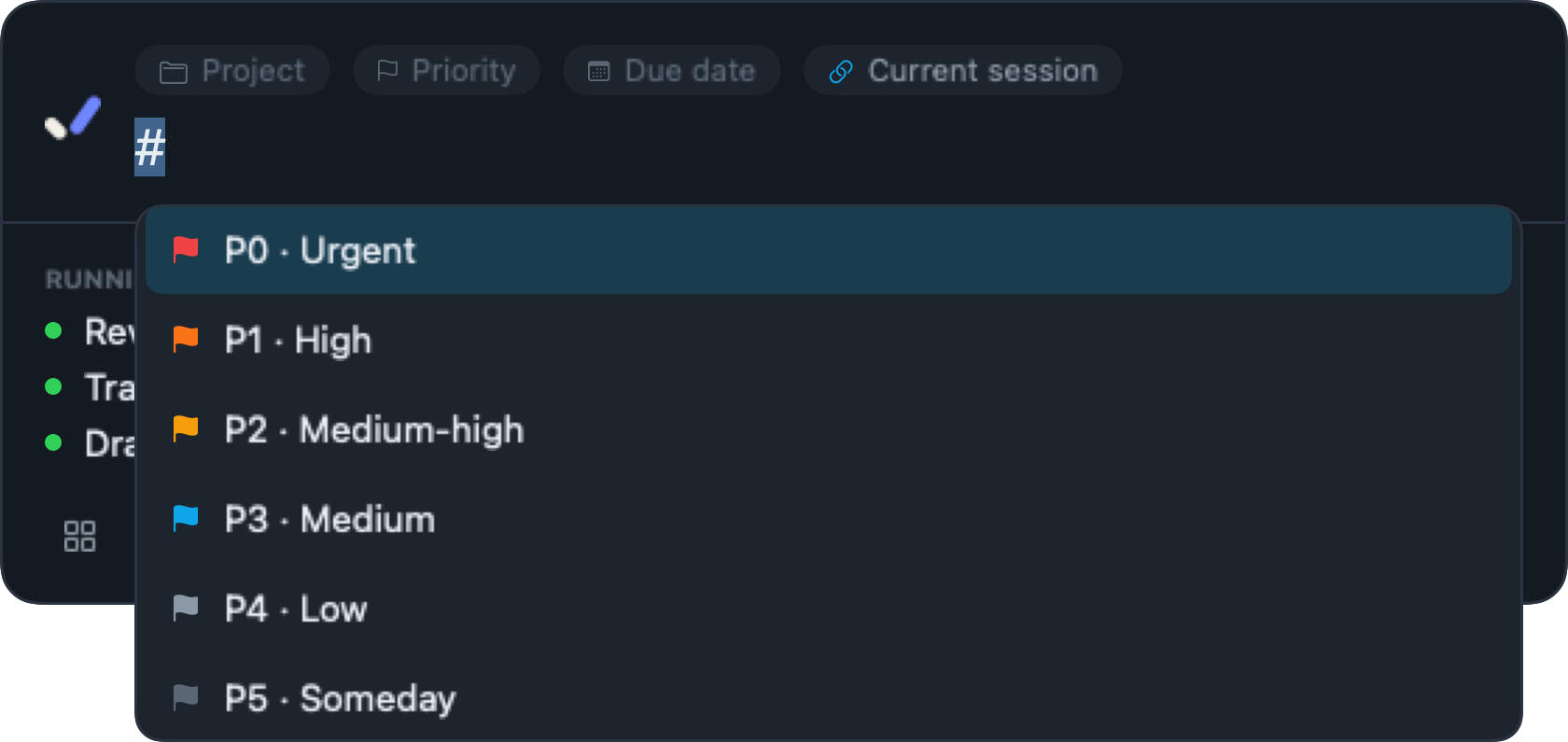 Baton quick-add with # typed and the P0–P5 priority list open