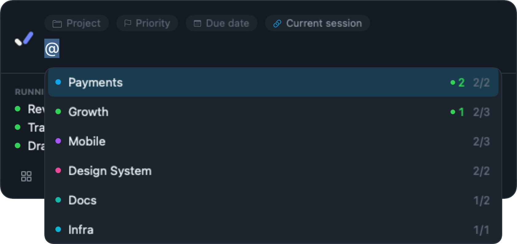Baton quick-add with @ typed and the project list open